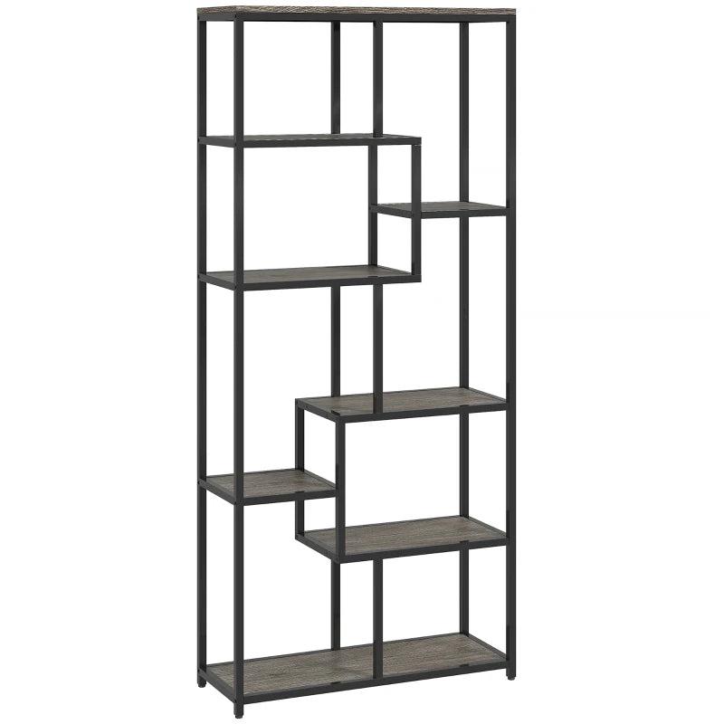 Unique Seven-Tier Geometric Bookcase in Grey and Black - Modern Storage Solution for Home or Office Decor
