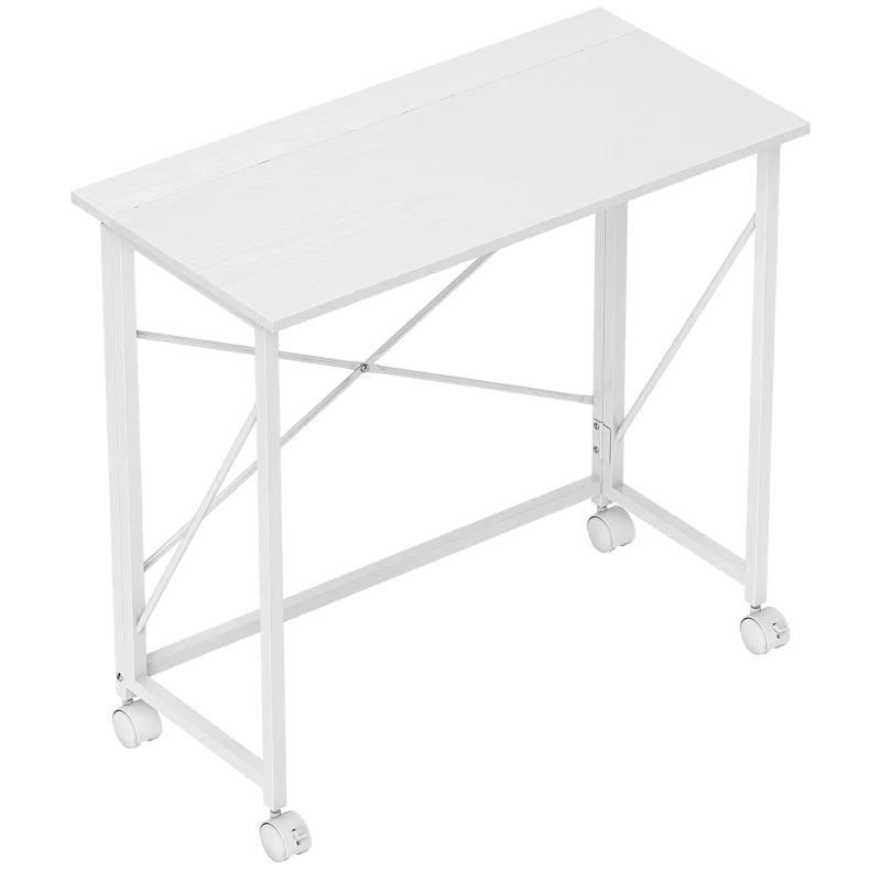 Versatile 80 cm Folding Desk on Wheels - Space-Saving White Home Office Table for Easy Mobility and Storage