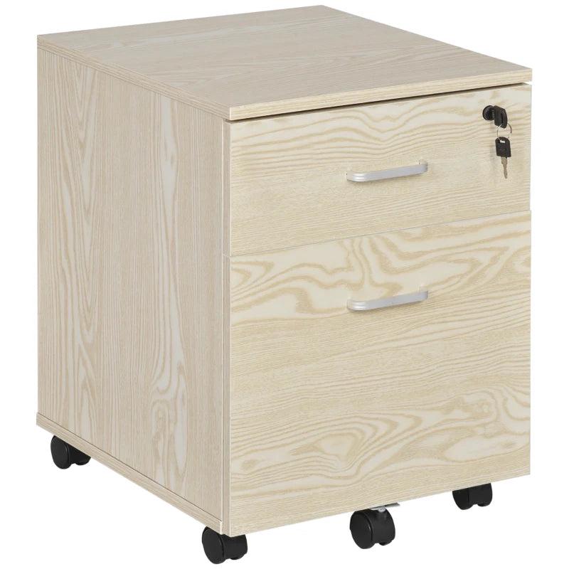 Vinsetto 2-Drawer Locking Office Filing Cabinet with 5 Wheels - Oak Wood Grain Storage for A4 Files & Home Organization