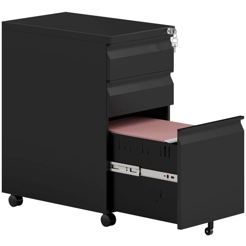 Vinsetto Black 3-Drawer Steel Filing Cabinet with Lock & Wheels - Secure Storage Solution for Home & Office