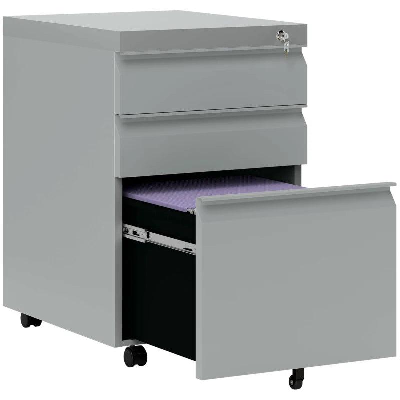 Vinsetto Mobile Metal File Cabinet - 3 Drawer Anti-Tilt Design for Letter, A4, Legal Size - Grey Office Storage