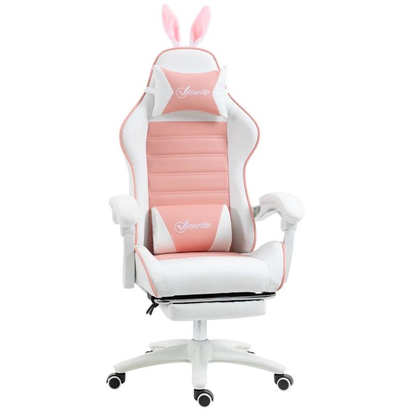 Vinsetto Pink Racing Gaming Chair - Reclining PU Leather, Removable Rabbit Ears, Footrest, Headrest & Lumbar Support