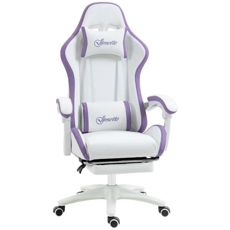 Vinsetto White and Purple Gaming Chair - PU Leather Office Desk Chair with Footrest, 135 Recline, Lumbar Support & Headrest