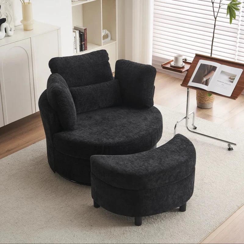 360 Swivel Bedroom Chair with Cushions and Ottoman Stool, Stylish Armchair for Living Room, Black, 107L x 105W x 82H cm