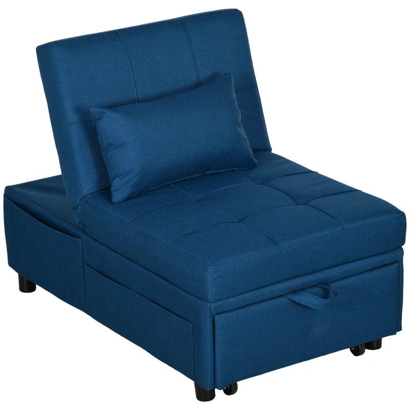 4-in-1 Convertible Chair Bed with Adjustable Backrest, Side Pocket, Wheels and Pillow for Living Room, Blue