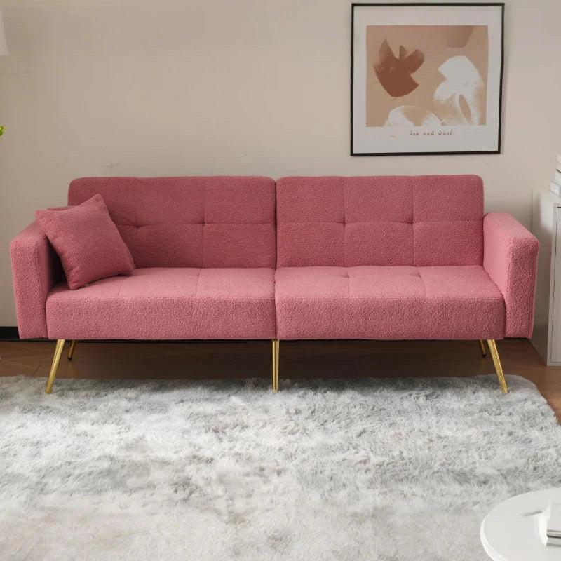 Adjustable Backrest Sofa Bed with Gold Legs and Side Pockets, Sherpa Fabric, Pink, 176L x 64W x 75H cm