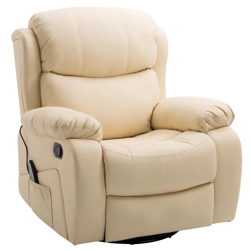 Beige PU Leather Reclining Chair with 8 Massage Points, Heat Function, Swivel Base and Footrest