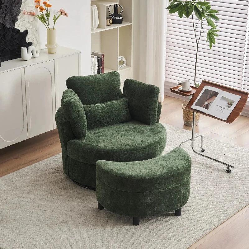 Stylish Green Chenille Swivel Armchair with Cushions and Ottoman Stool, 360 Recliner Sofa, 107L x 105W x 82H cm