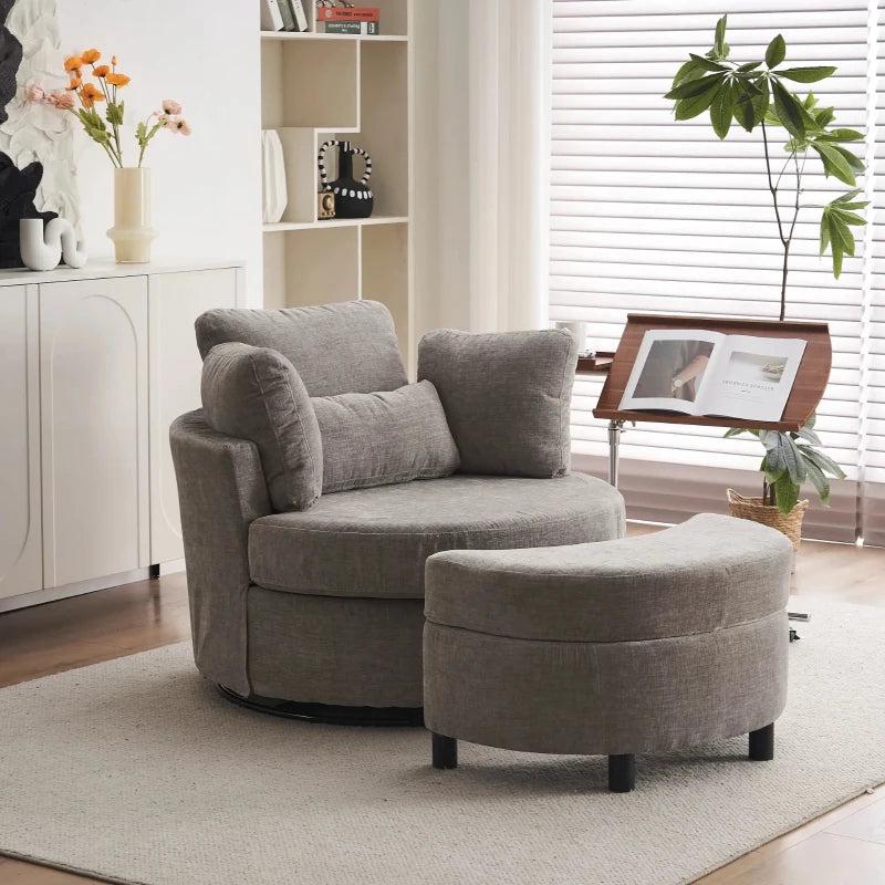 Stylish Grey Chenille Swivel Armchair with 3 Back Cushions and Crescent Ottoman Stool, 360 Rotation, 107L x 105W x 82H cm