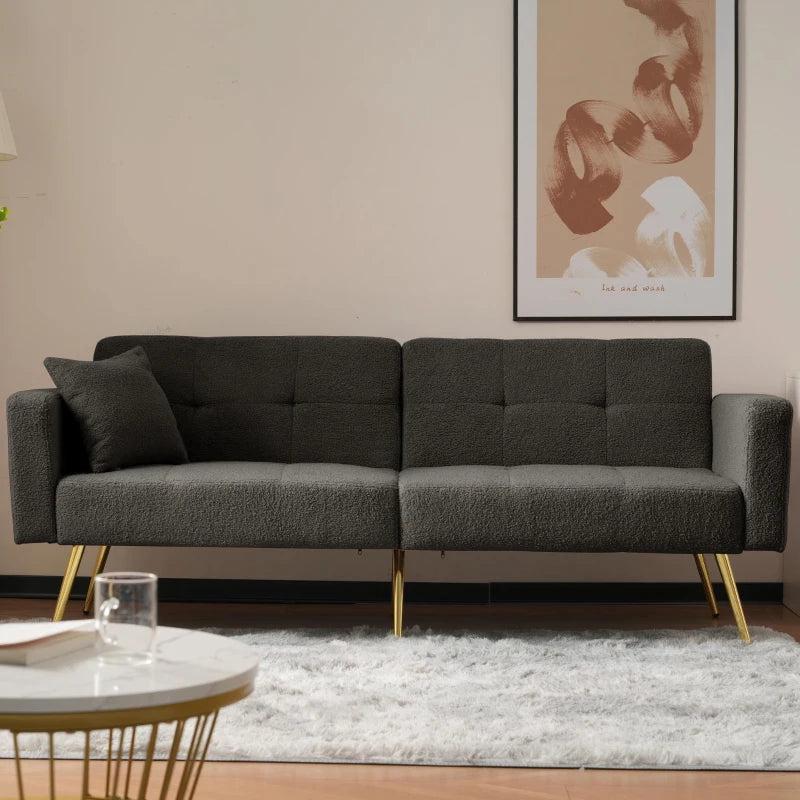 Stylish Modern Loveseat Sofa Bed with Adjustable Backrest, Gold Legs, and Side Storage Pockets in Dark Grey