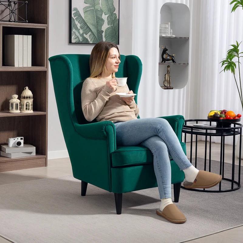Stylish Upholstered Wingback Armchair with High Backrest and Pillow for Living Room or Bedroom, Dark Green Velvet