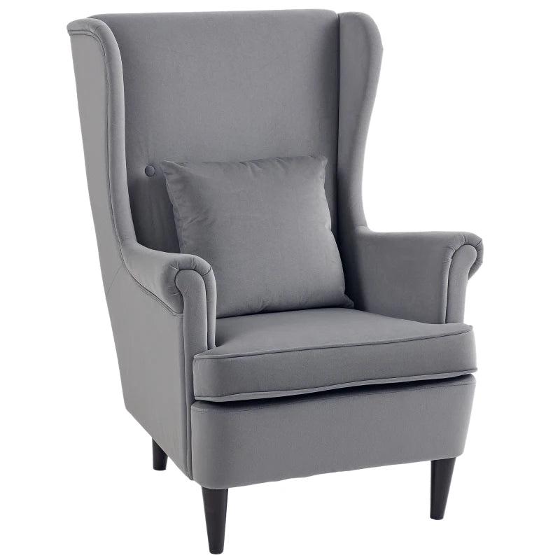 Stylish Upholstered Wingback Armchair with High Backrest and Pillow for Living Room or Bedroom in Dark Grey