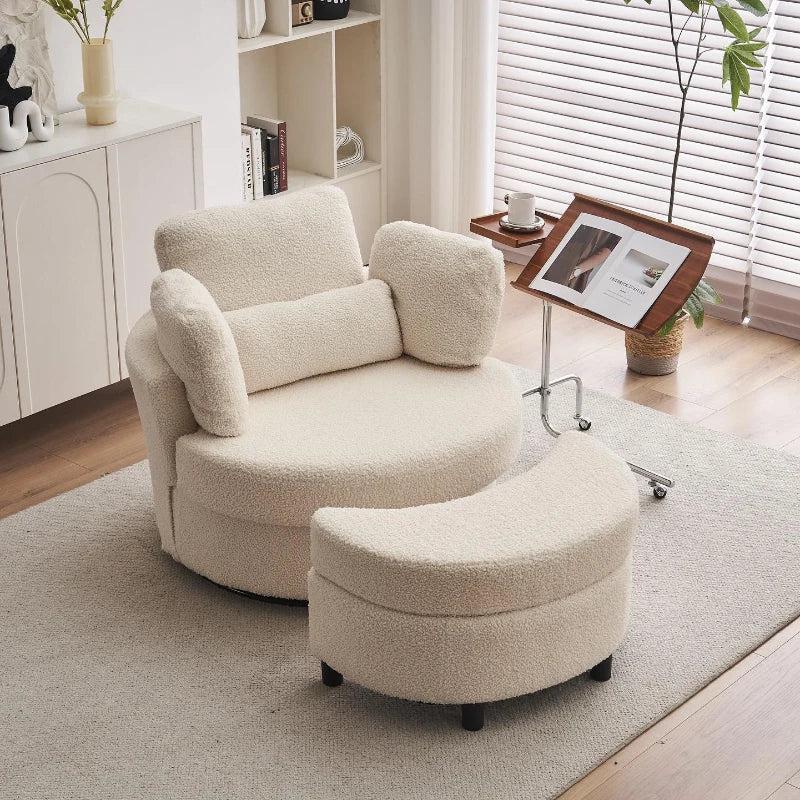 Teddy Swivel Armchair with Cushions and Ottoman Stool, 360 Recliner Sofa, White, 107L x 105W x 82H cm