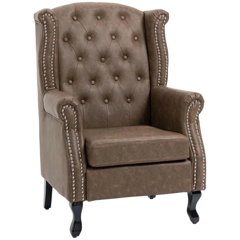 Tufted Chesterfield-Style Wingback Accent Chair with Nail Head Trim for Living Room or Bedroom in Brown