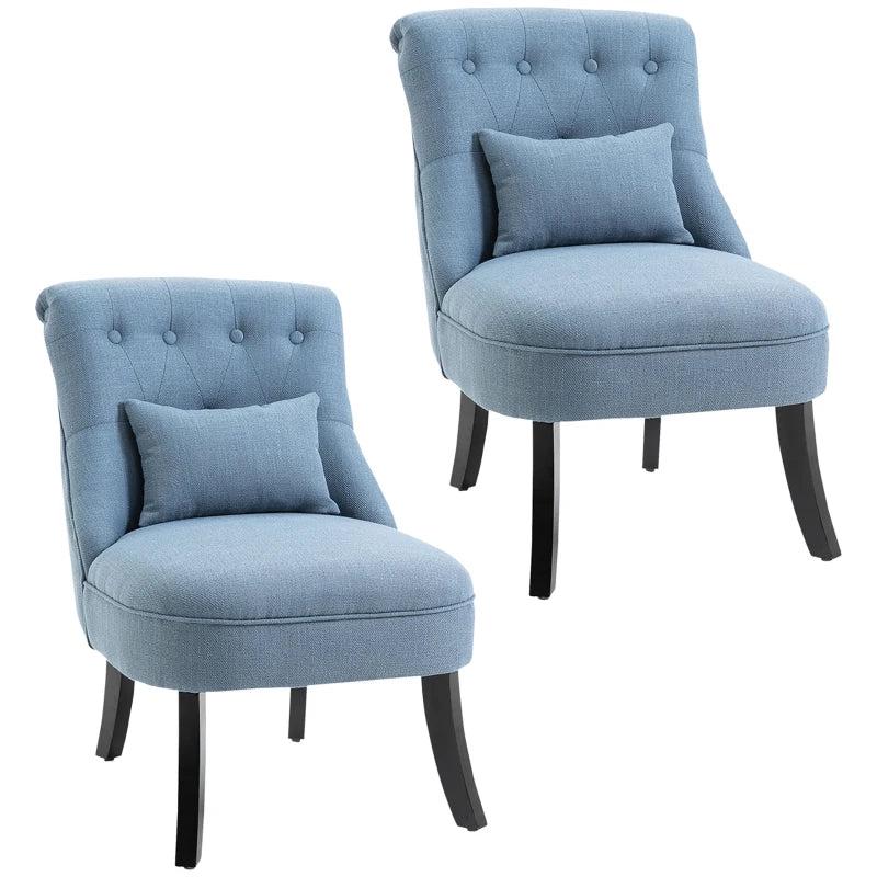 Upholstered Fabric Tub Chair with Pillow, Solid Wood Legs for Living Room and Bedroom, Set of 2, Blue
