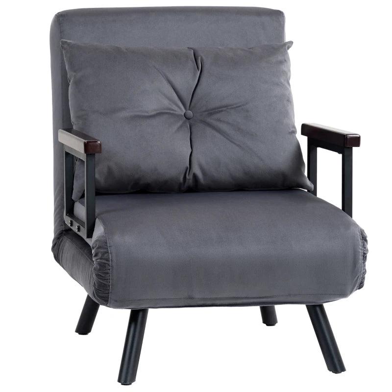 Velvet-Feel Charcoal Grey Single Chair Bed with Pillow - Versatile 4-in-1 Design for Comfort and Style
