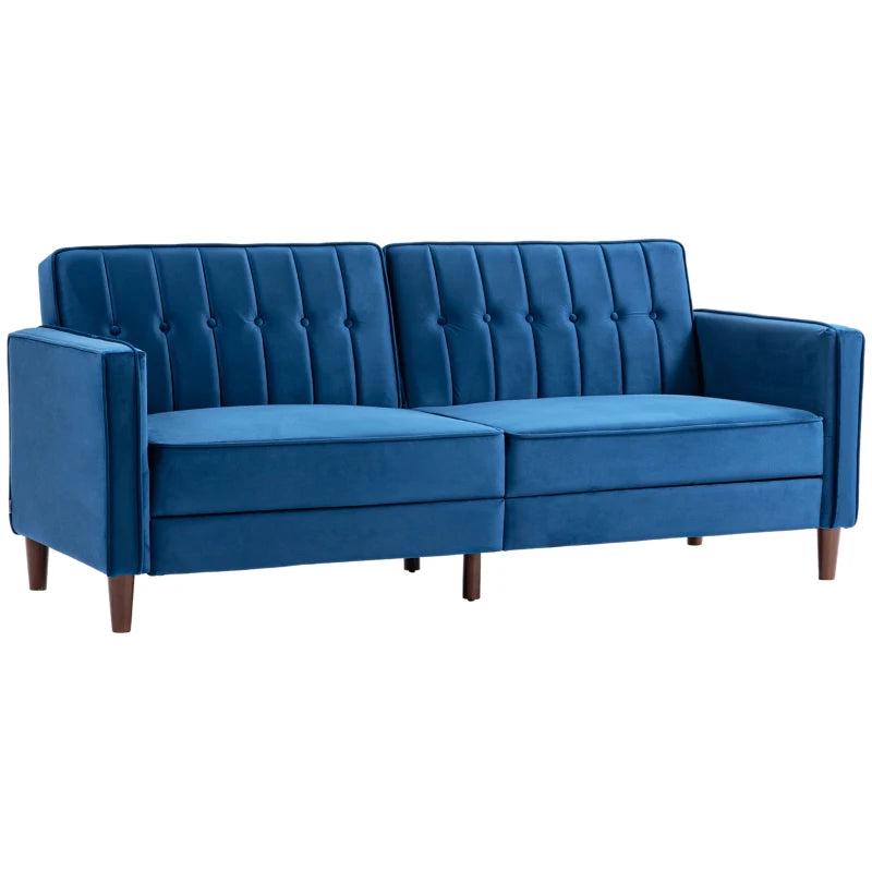 Velvet-Feel Three-Seater Sofa Bed in Blue for Stylish Living Room Comfort