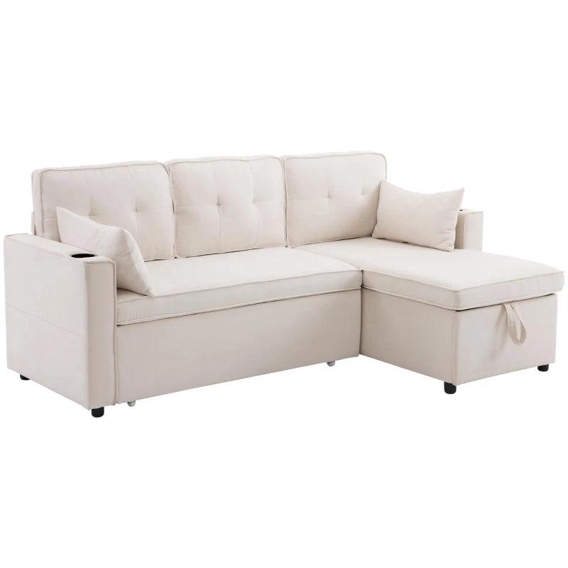 Versatile L-Shaped Sofa Bed with Reversible Chaise, Storage, Cup Holders and Cushions in Beige