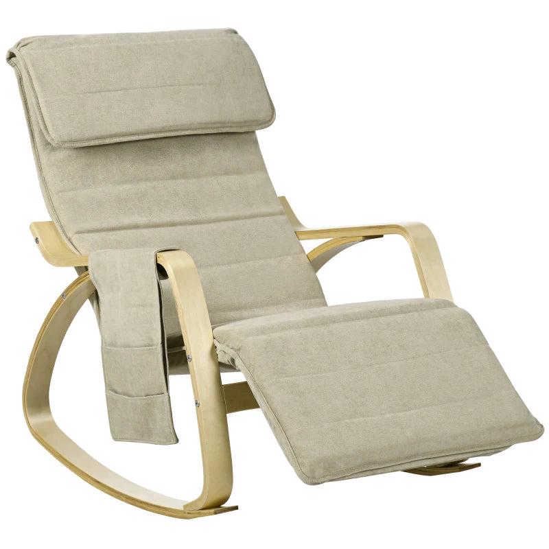 Adjustable Rocking Lounge Chair with Footrest, Side Pocket and Pillow for Ultimate Relaxation in Khaki