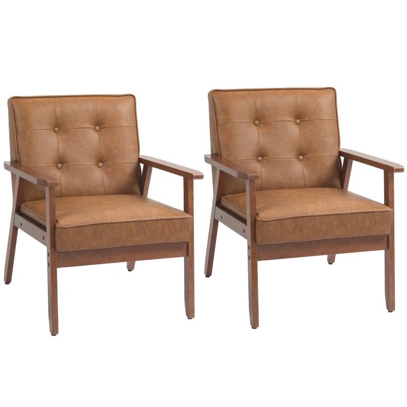 Retro-Style Accent Chairs with Faux Leather Seats - Set of Two in Brown