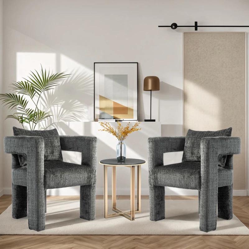 Set of 2 Modern Sofa Chairs with Hollow Armrest Design, Cushions and Pillows, Dark Grey, 60x44x65 cm