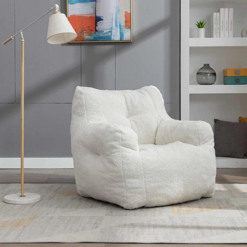 Soft Tufted Foam Bean Bag Snuggle Chair in White Teddy Fabric with Ergonomic Backrest, 100x94x70 cm