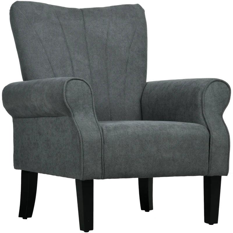 Stylish Upholstered Accent Chair with Rolled Arms and Wooden Legs for Living Room or Bedroom in Grey