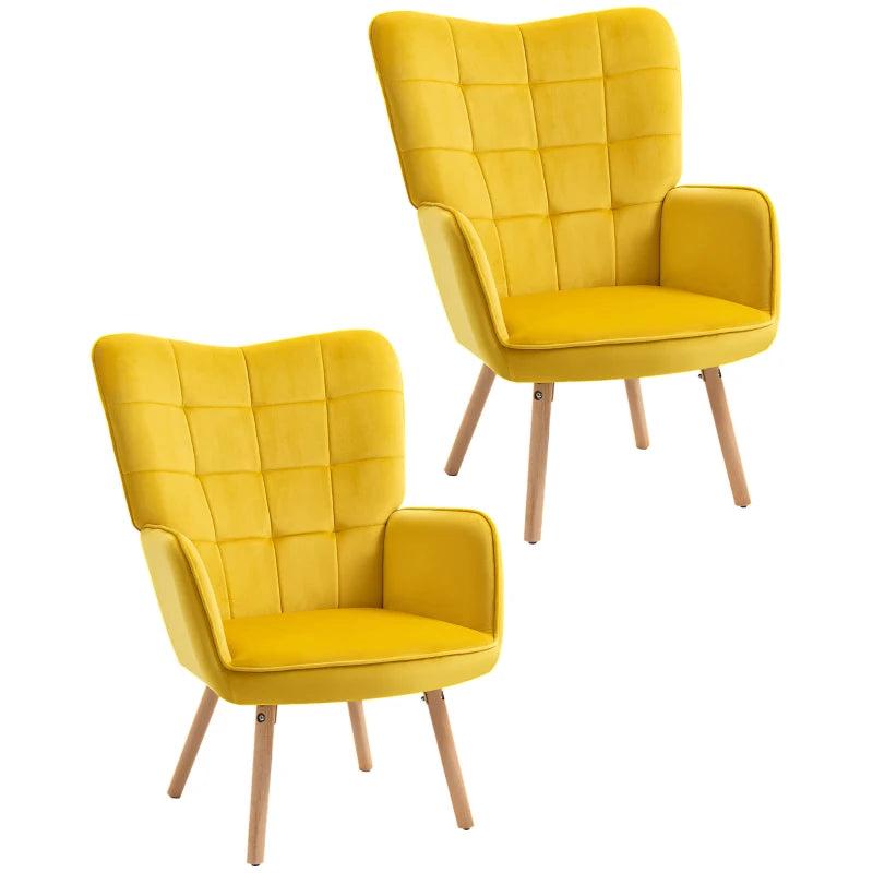 Stylish Velvet-Touch Tufted Wingback Armchair Set of 2 for Modern Lounge and Leisure Spaces in Yellow