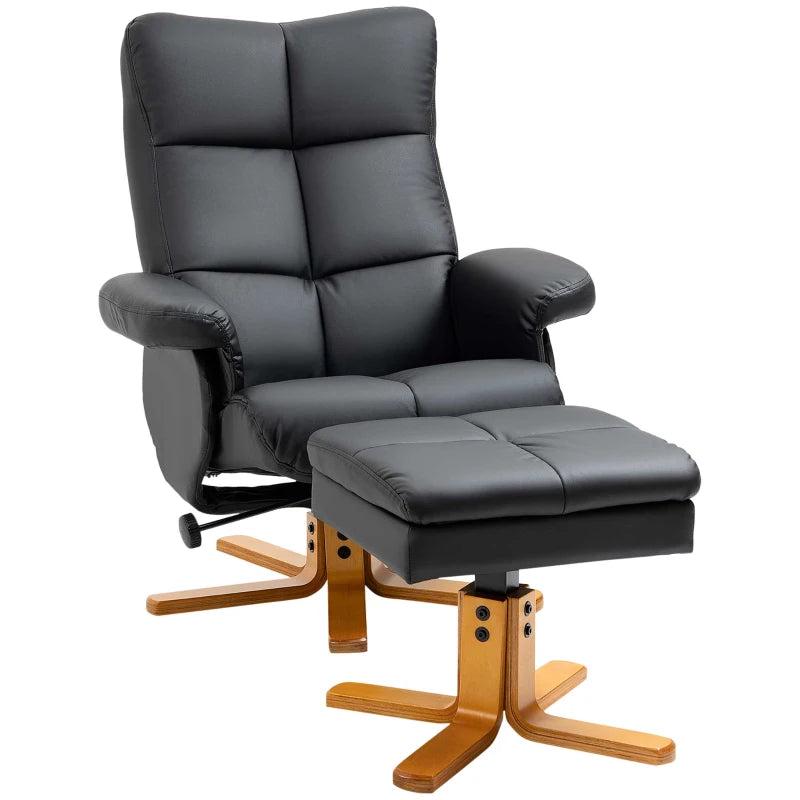 Swivel Reclining Armchair with Ottoman, Faux Leather Chair with Wooden Base and Storage Footstool for Living Room, Black