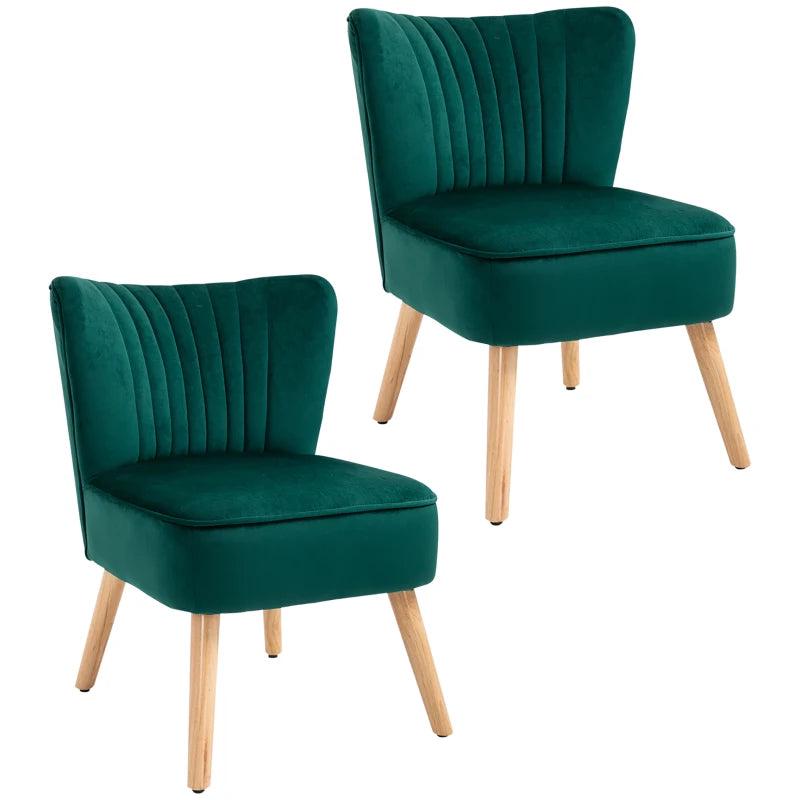 Velvet Accent Chairs with Curved Back and Wooden Legs - Set of 2 in Green for Home Decor