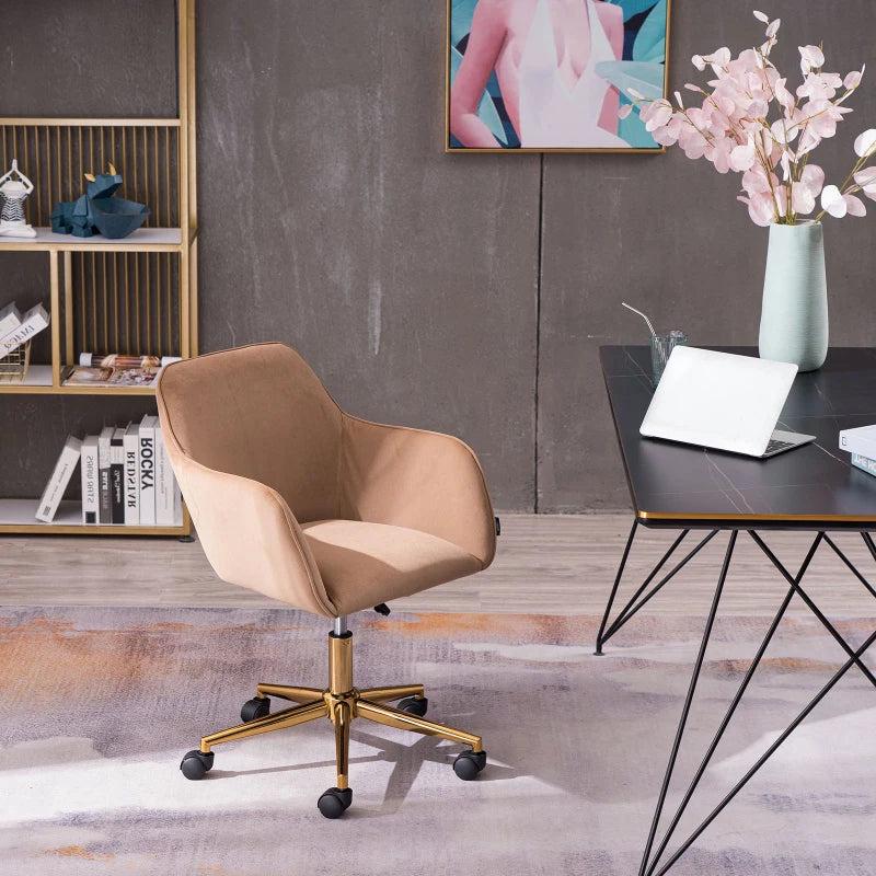 Velvet Adjustable Height Swivel Office Chair with Gold Legs and Ergonomic Backrest, Coffee Colour, 58x58x86 cm
