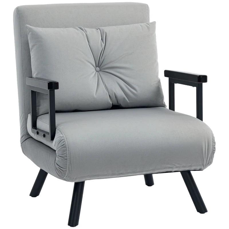 Velvet-Feel Single Chair Bed with Pillow in Light Grey  Versatile 4-in-1 Design for Comfort and Style