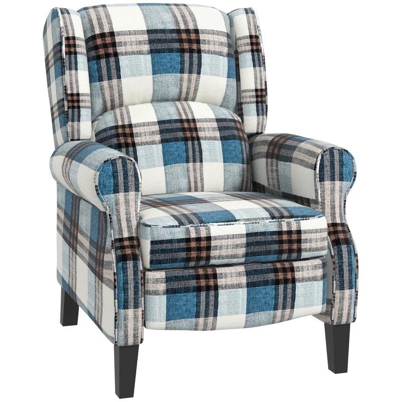 Wingback Reclining Chair with Footrest and Armrests for Living Room or Bedroom, Blue Fabric, Wooden Legs