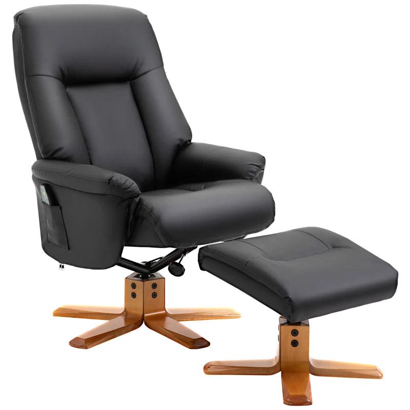 10-Point Massage Recliner Armchair with Footrest in Black PU Leather - Heated Comfort Chair