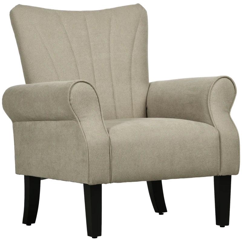 Beige Upholstered Accent Chair with Rolled Arms and Wooden Legs for Living Room or Bedroom