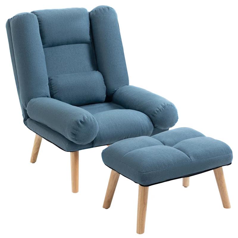 Blue Accent Armchair with Footstool, 180 Recliner and Adjustable Backrest, Stylish Wooden Legs for Living Room