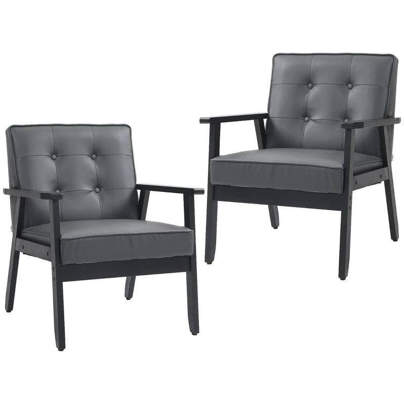 Set of 2 Grey PU Leather Accent Chairs with Beech Wood Frame for Living Room and Bedroom