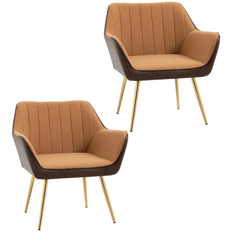 Set of 2 Velvet Accent Chairs with Gold Legs for Modern Living Room and Bedroom, Light Brown Upholstery