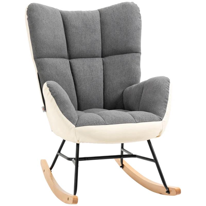Soft Padded Rocking Wingback Armchair with Wooden Legs in Grey and Cream for Stylish Comfort