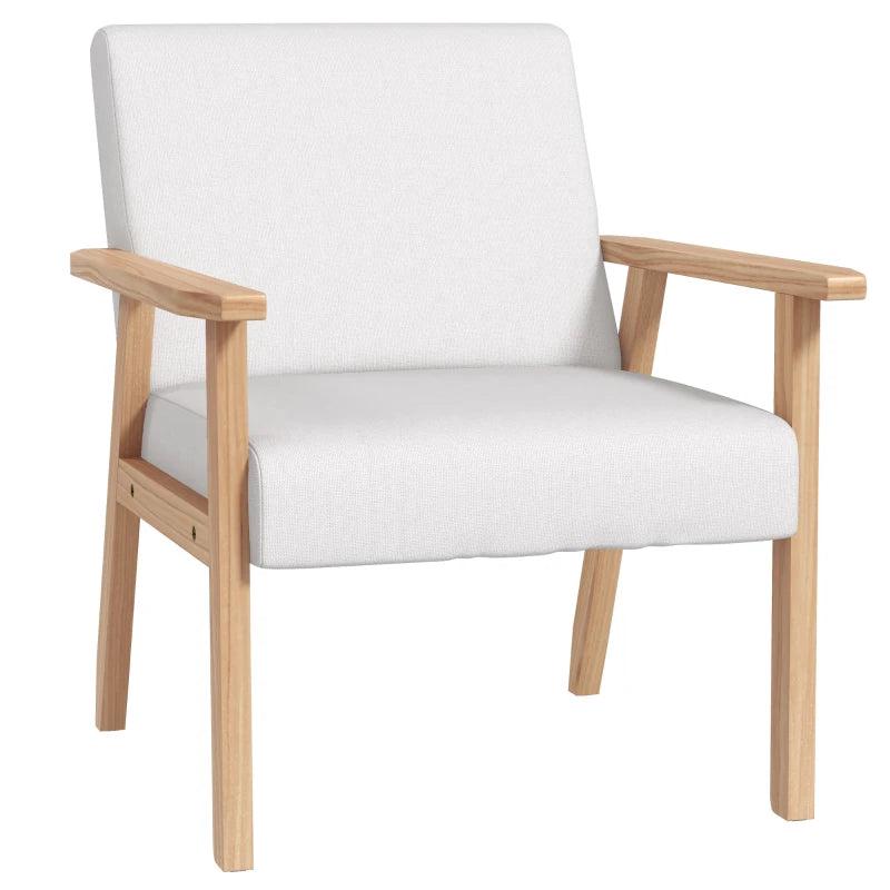 Stylish Cream White Accent Chair with Thick Linen Cushions and Wooden Frame for Home and Office