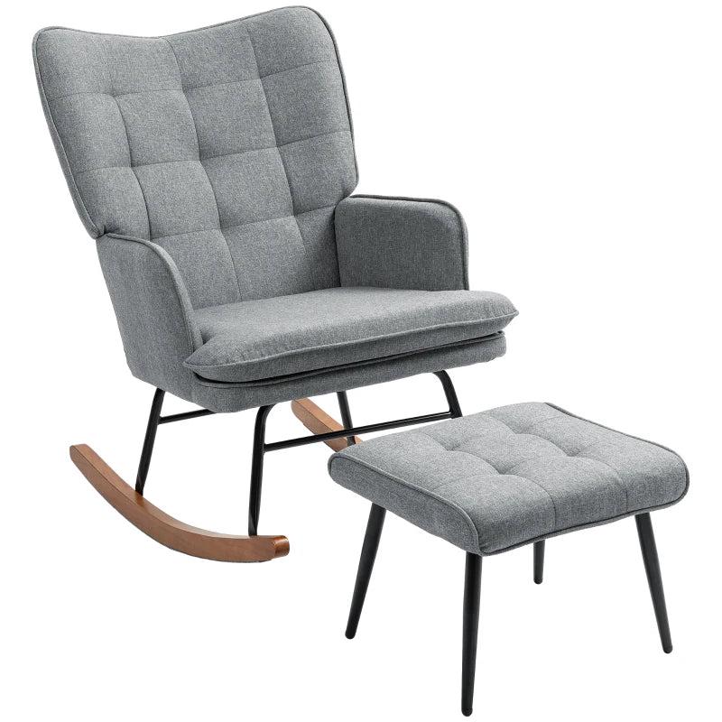 Stylish Grey Linen-Look Rocking Chair and Ottoman Set for Comfortable Relaxation