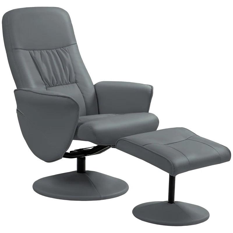 Stylish Grey Swivel Recliner Chair with Footstool - PU Leather Armchair for Living Room Comfort