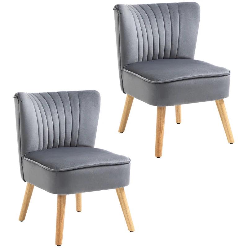 Stylish Grey Velvet Accent Chairs with Curved Back and Wooden Legs - Set of 2 for Home Decor