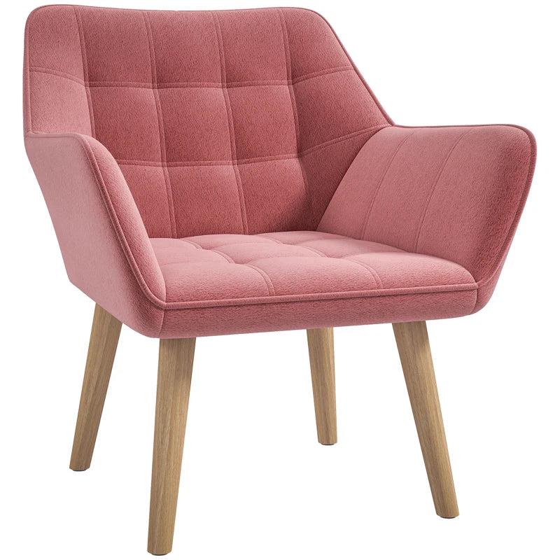 Stylish Pink Accent Chair with Wide Arms, Slanted Back, Thick Padding and Rubber Wood Legs for Living Room
