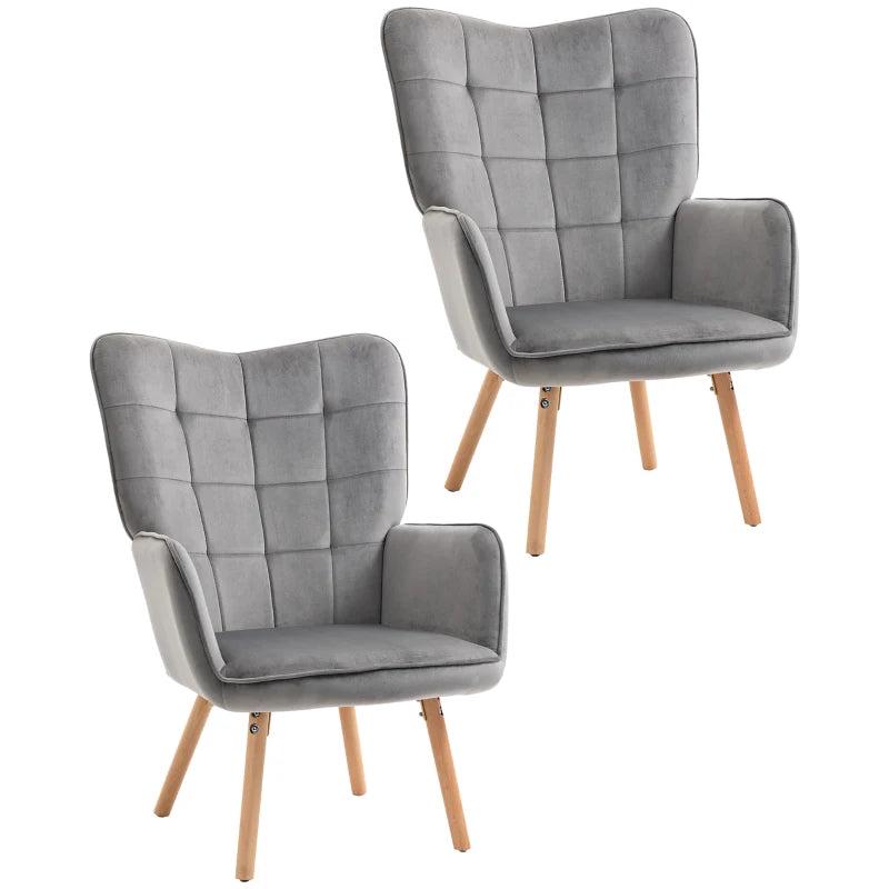 Stylish Velvet-Touch Tufted Wingback Armchair Set of 2 for Modern Lounge and Leisure Spaces in Grey
