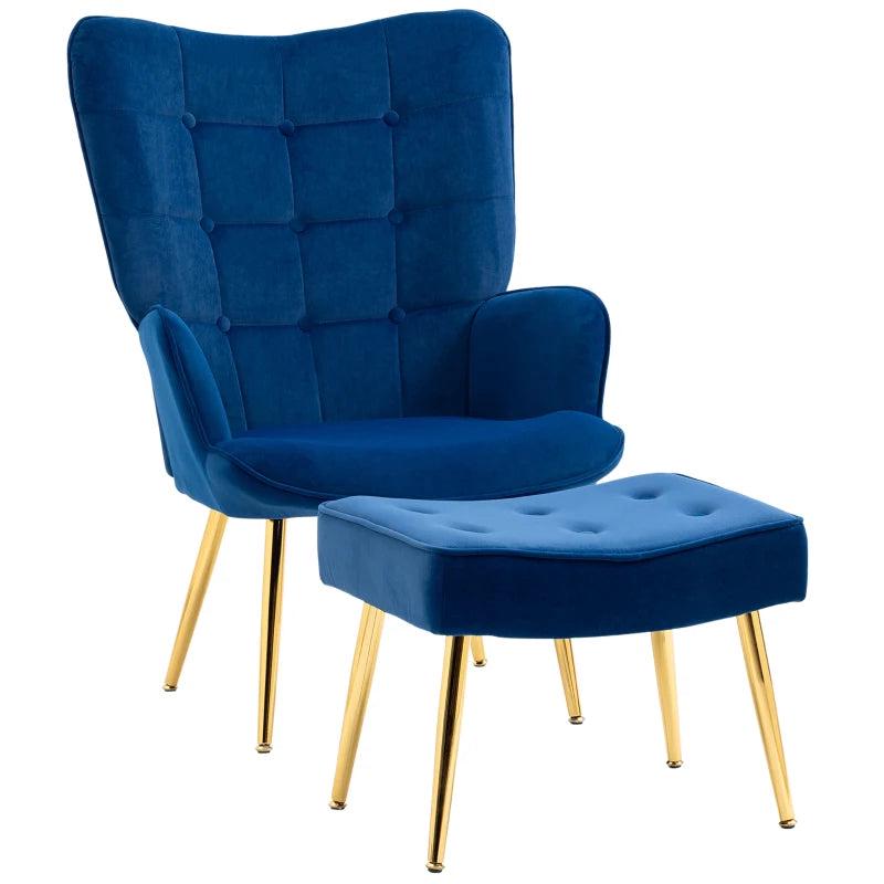 Stylish Velvet Wingback Armchair with Footstool for Living Room, Bedroom or Home Office in Dark Blue