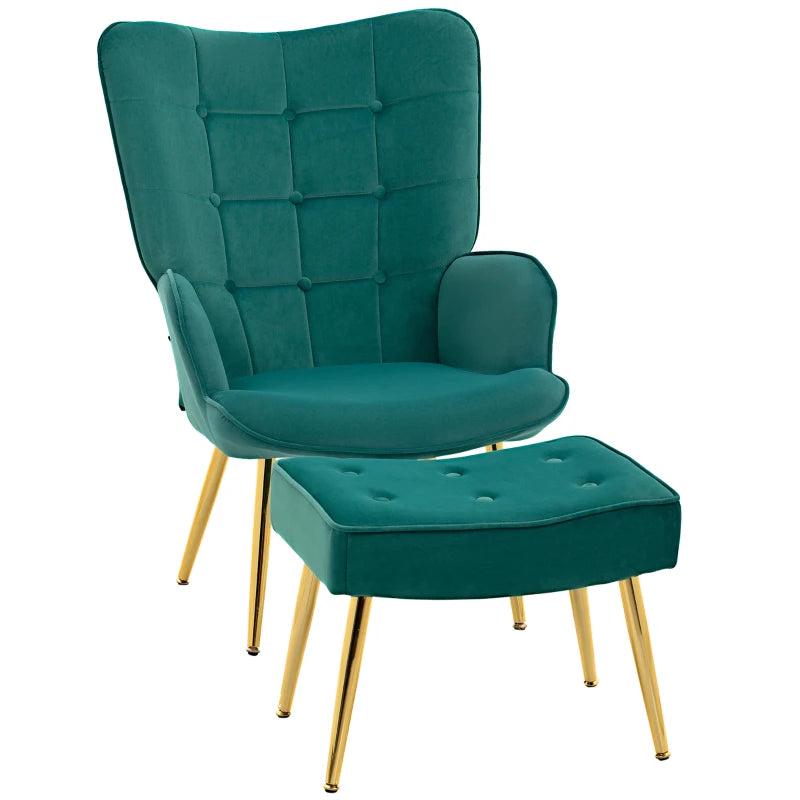 Stylish Velvet Wingback Armchair with Footstool for Living Room, Bedroom or Home Office in Dark Green