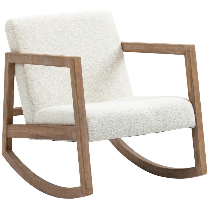 Upholstered Rocking Chair with Cushion and Wooden Base for Living Room and Bedroom in Cream White