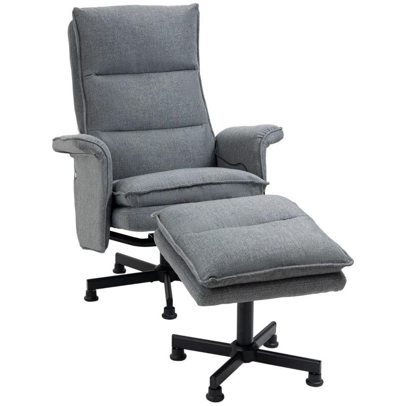 Upholstered Swivel Recliner Chair with Footstool, Remote-Controlled Massage Armchair, Timer and Steel Base in Grey