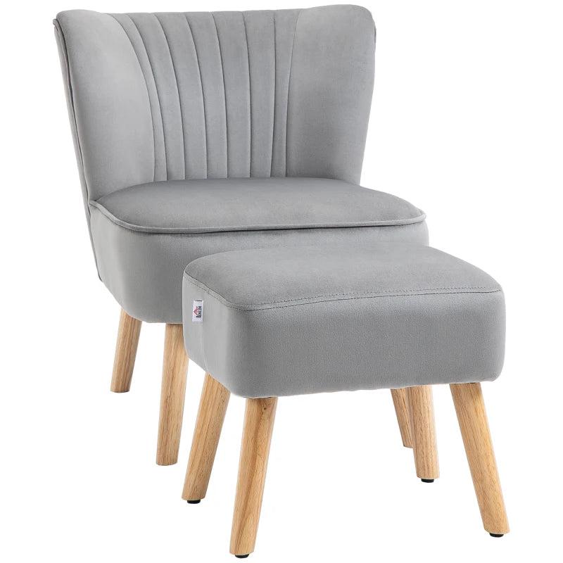 Velvet Accent Chair with Ottoman - Curved Back Tub Seat, Light Grey, Stylish Home Furniture